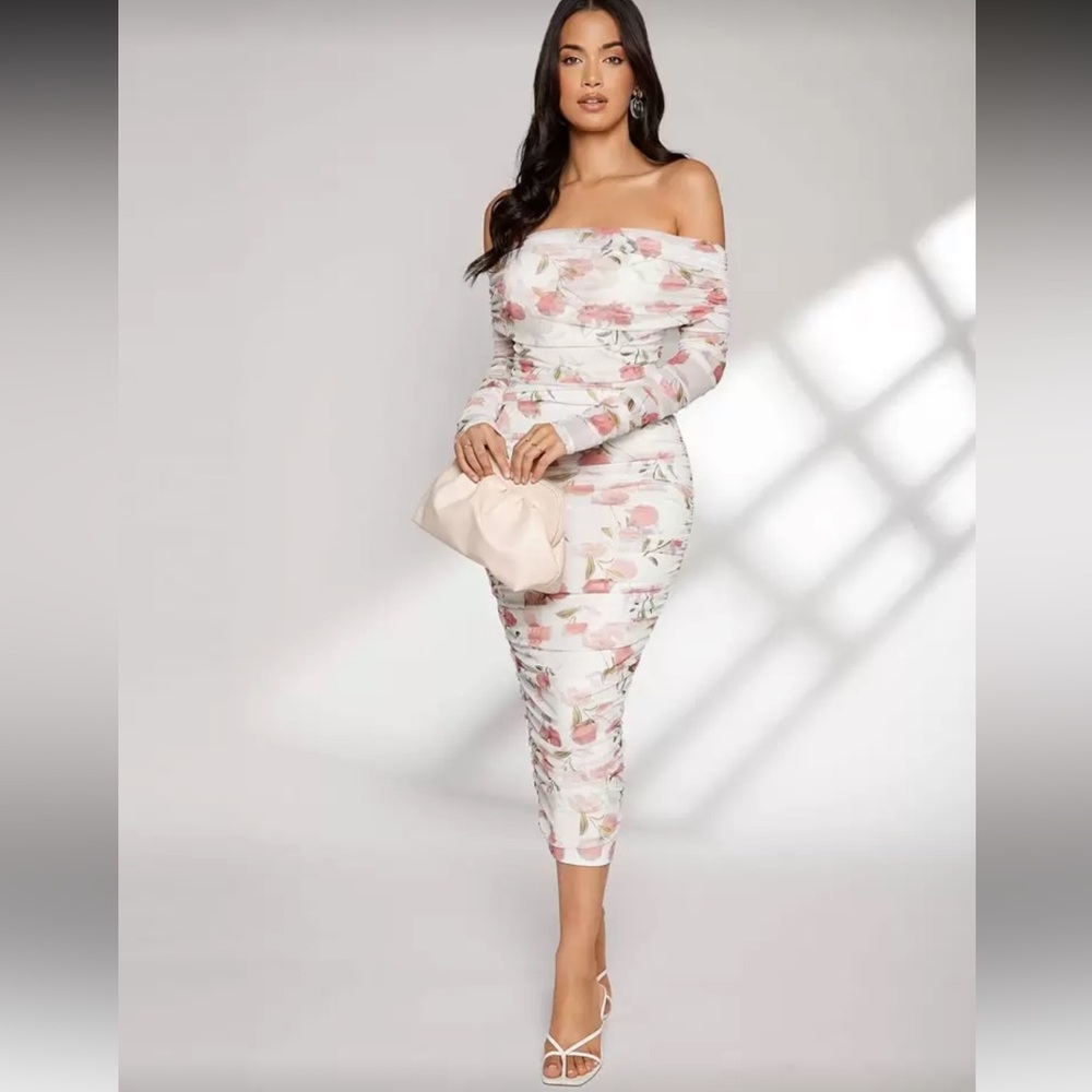 Floral Print Off-Shoulder ruched mesh bodycon Dress long sleeve size 12